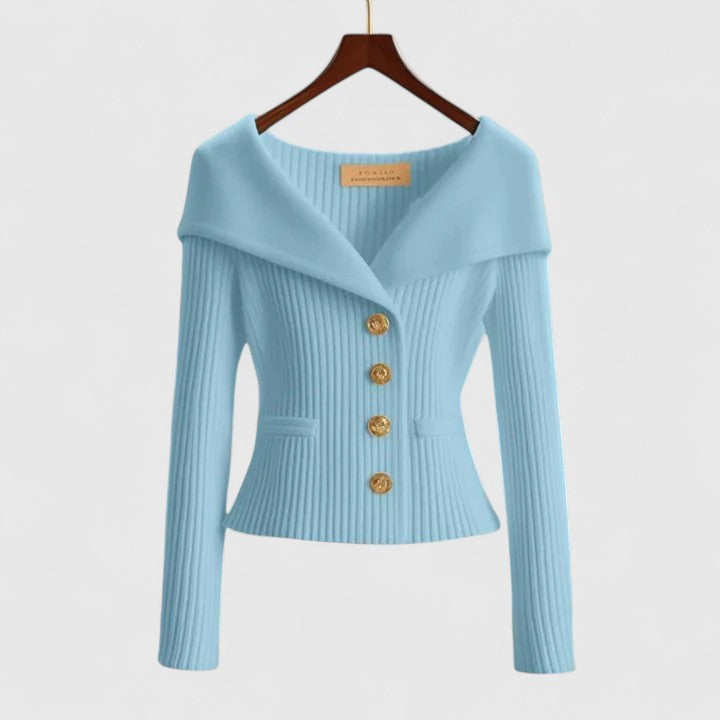 Women’s Sweater with Off-the-Shoulder Neckline and Gold Buttons – Soft & Elegant