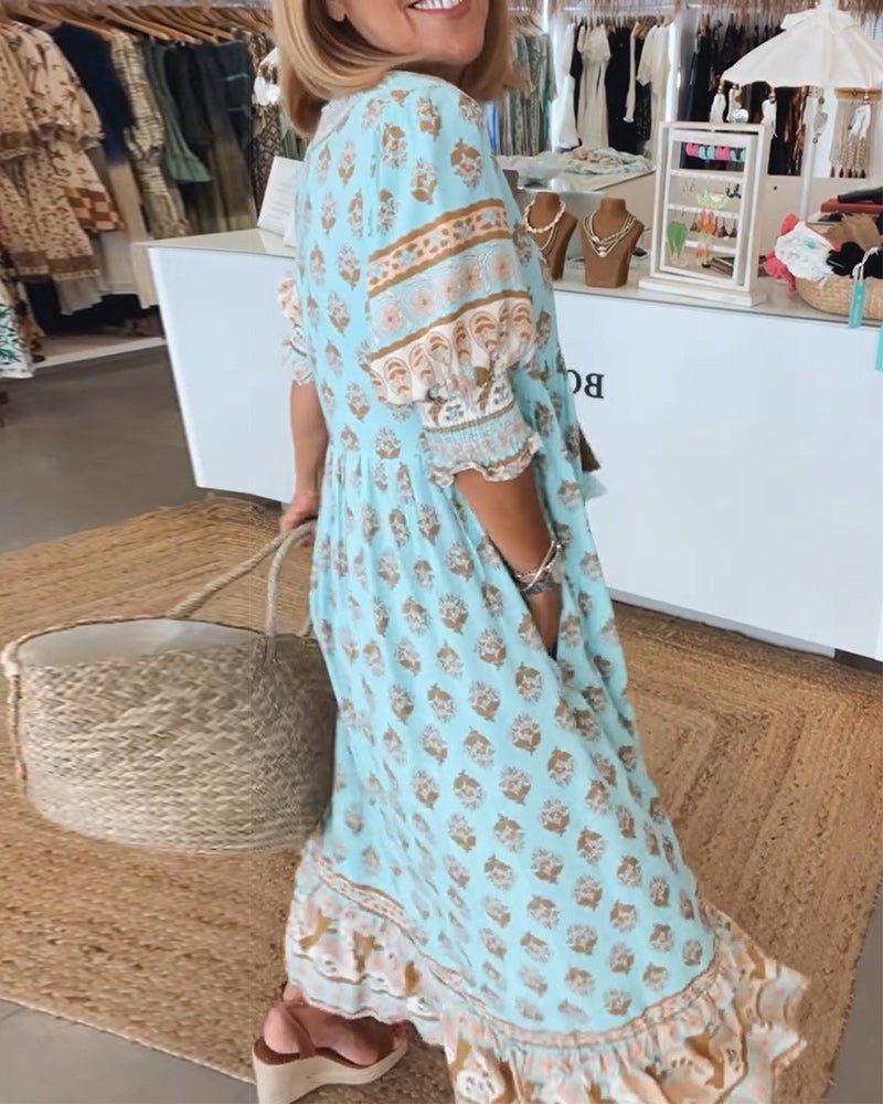 Isabella | Women's Boho Printed Tassel Tie Midi Dress