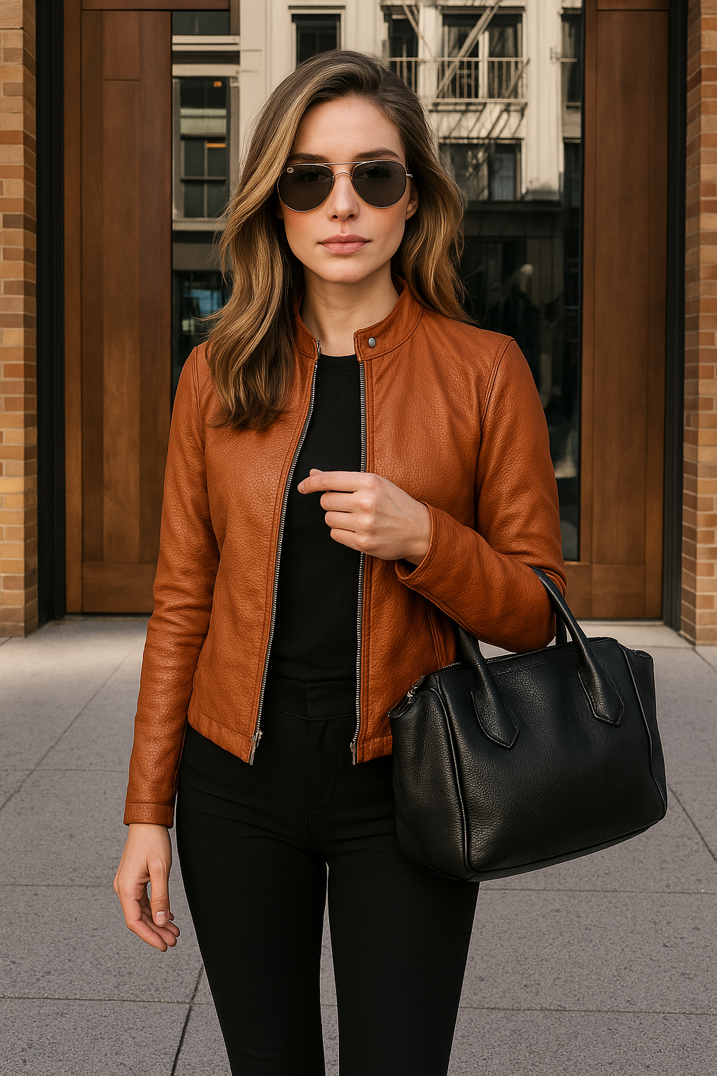 Women’s Slim-Fit Leather Jacket with Zip and Stand Collar