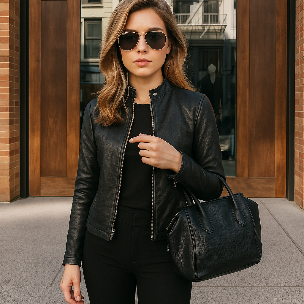 Women’s Slim-Fit Leather Jacket with Zip and Stand Collar