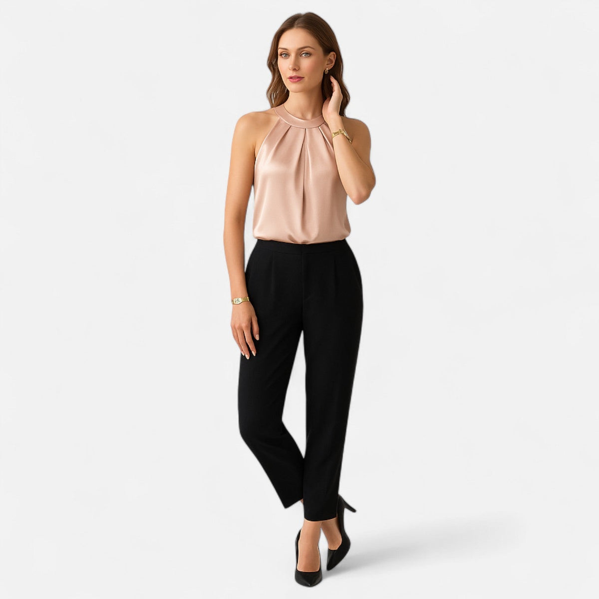 Kimberly | Women’s Elegant Pleated Front Draped Satin Tanks