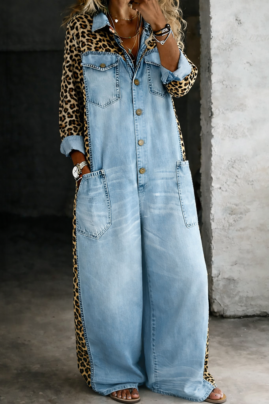 Leontine - Leopard Contrast Wide-Leg Denim Jumpsuit