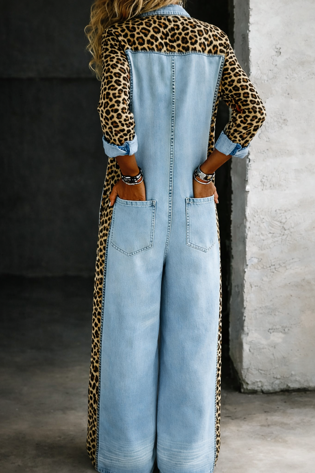 Leontine - Leopard Contrast Wide-Leg Denim Jumpsuit