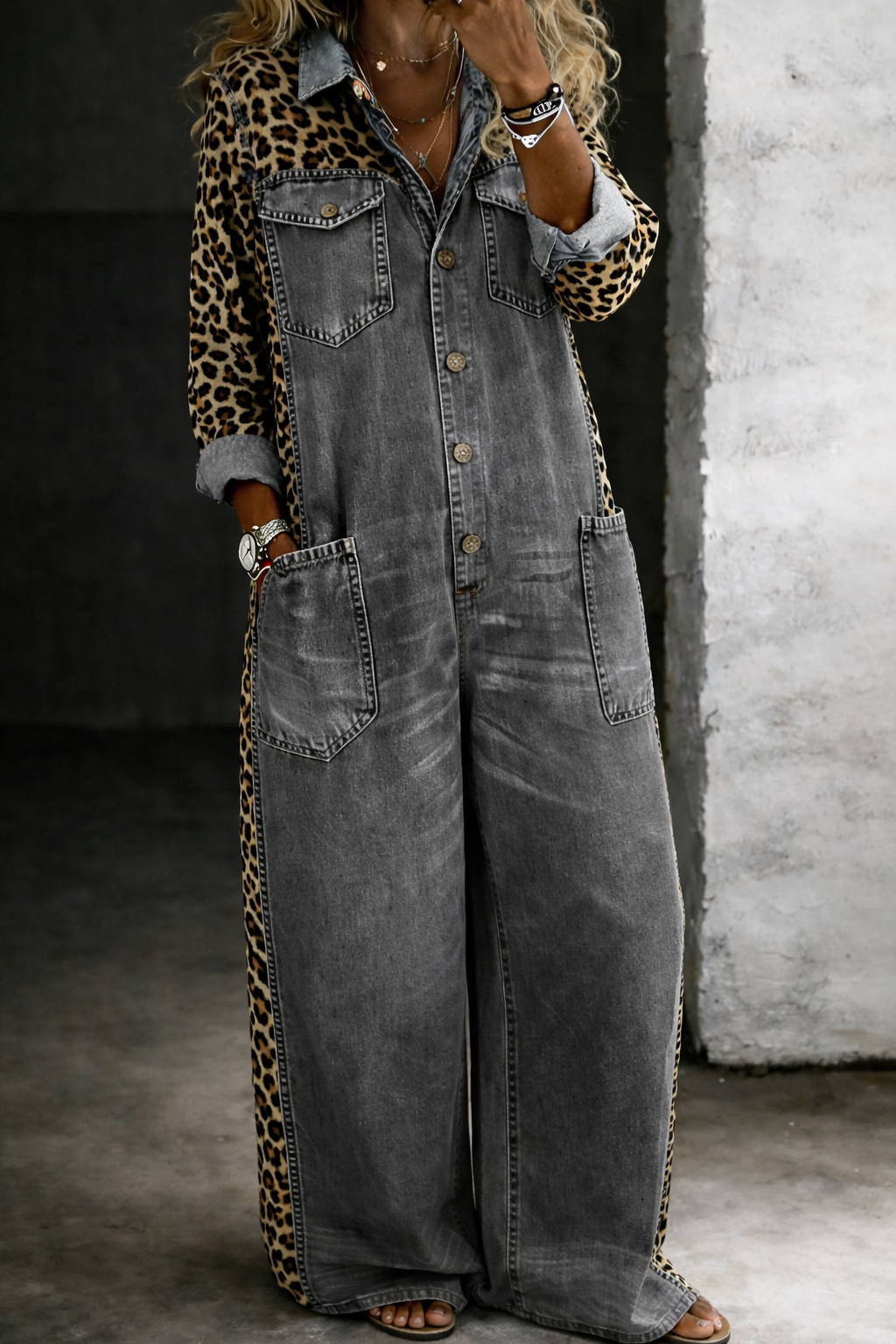 Leontine - Leopard Contrast Wide-Leg Denim Jumpsuit