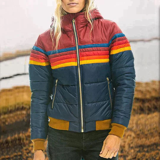 Women's Hooded Winter Coat – Striped Retro Jacket, Warm-Lined