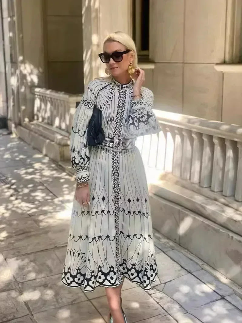 Kimberly | Women’s Printed Long Sleeve A Line Midi Dress