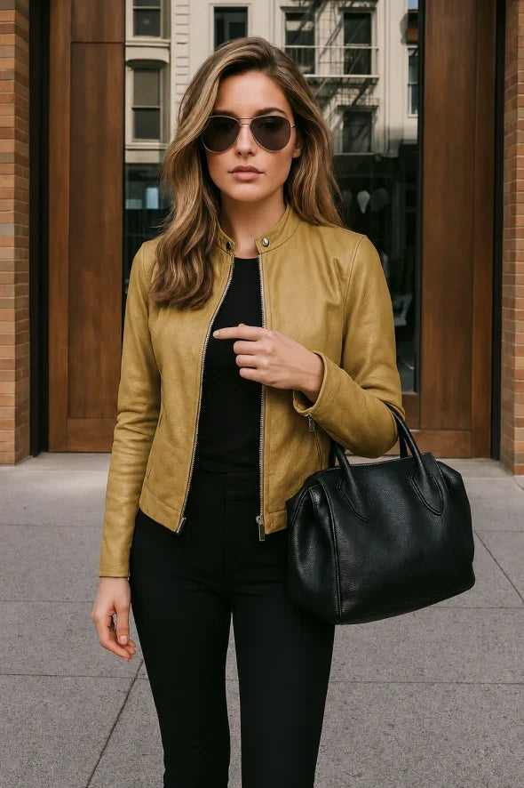Women’s Slim-Fit Leather Jacket with Zip and Stand Collar
