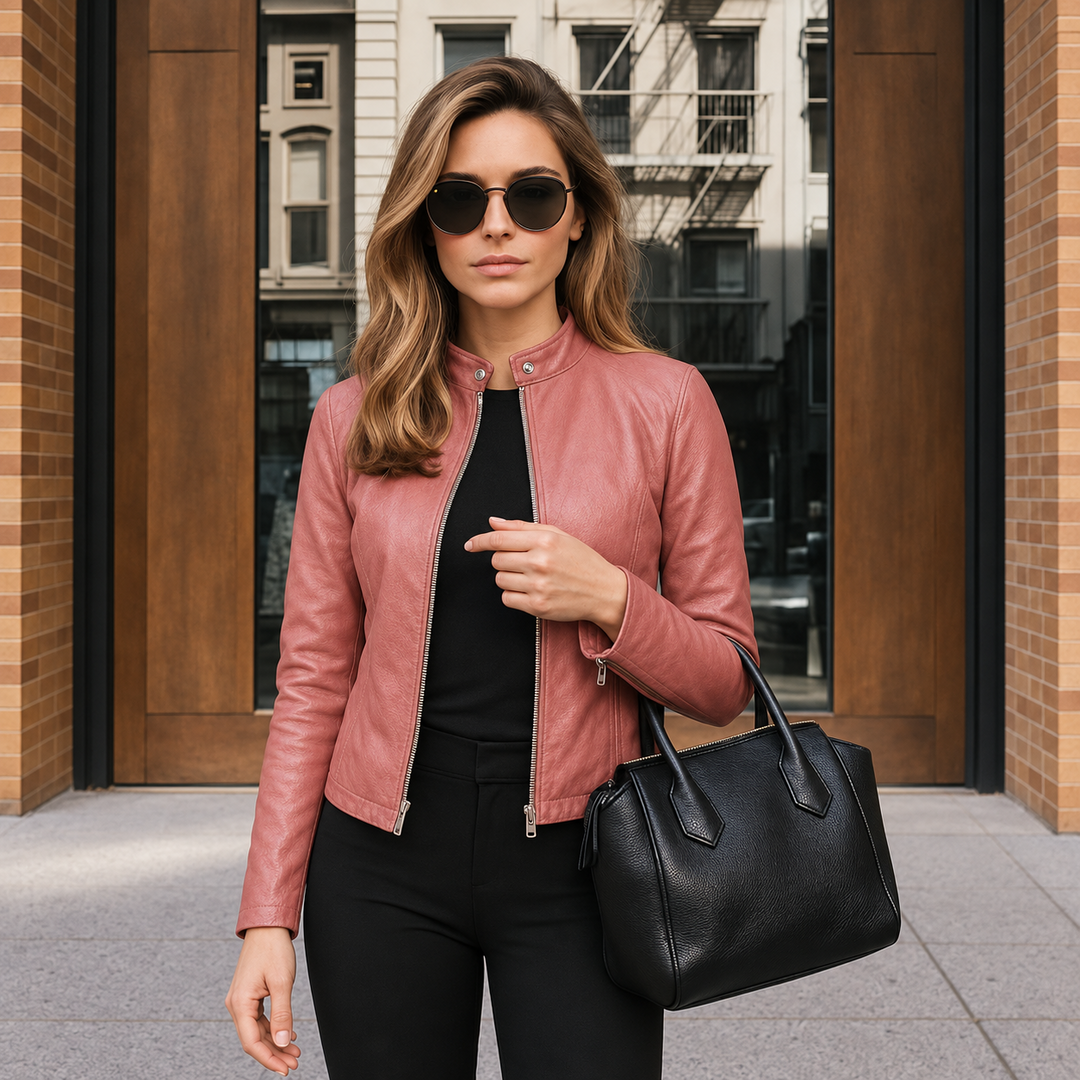 Women’s Slim-Fit Leather Jacket with Zip and Stand Collar