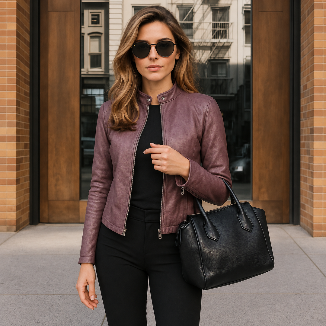 Women’s Slim-Fit Leather Jacket with Zip and Stand Collar