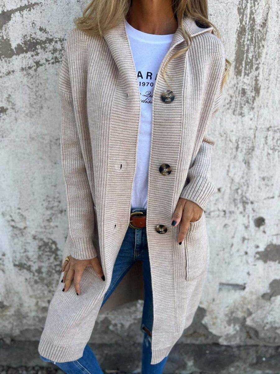 Women's Long Knit Cardigan with Hood and Button Closure