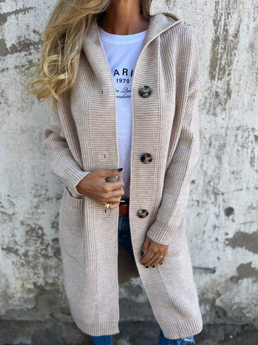 Women's Long Knit Cardigan with Hood and Button Closure