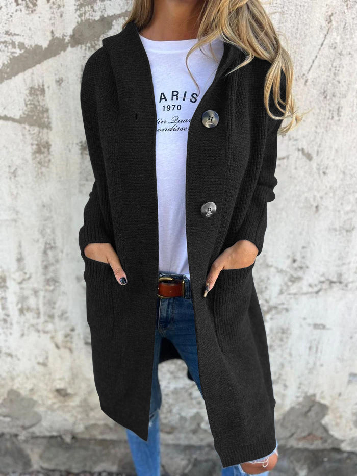 Women's Long Knit Cardigan with Hood and Button Closure