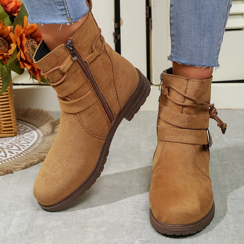 Women's Ankle Boots with Buckle and Side Zip – Casual Style