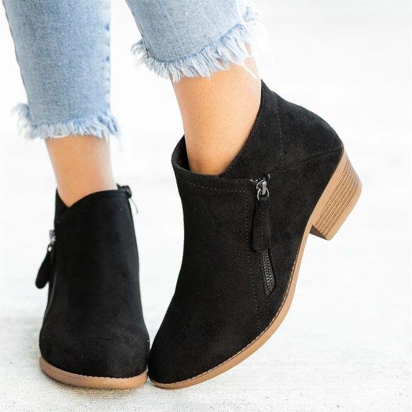 Women's Suede Ankle Boots with Block Heel and Side Zip