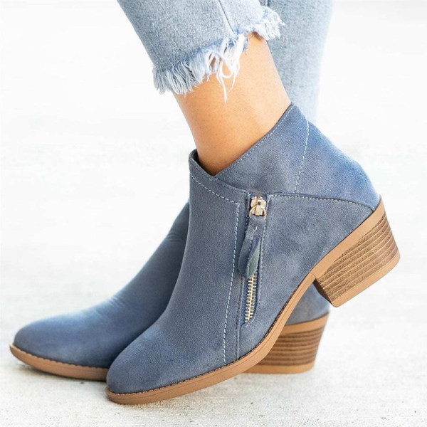 Women's Suede Ankle Boots with Block Heel and Side Zip