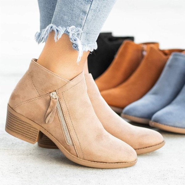Women's Suede Ankle Boots with Block Heel and Side Zip