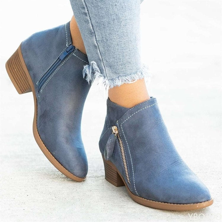Women's Suede Ankle Boots with Block Heel and Side Zip