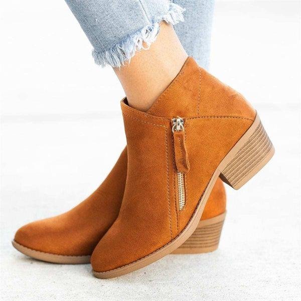 Women's Suede Ankle Boots with Block Heel and Side Zip