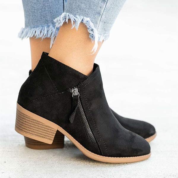 Women's Suede Ankle Boots with Block Heel and Side Zip