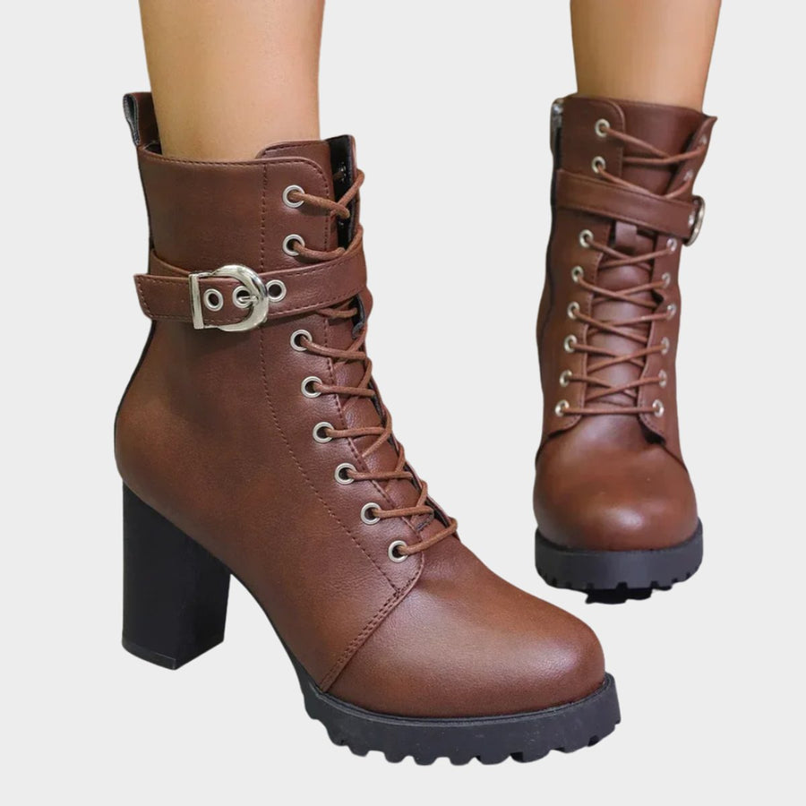 Women’s Ankle Boots with Block Heel, Laces and Buckle Strap