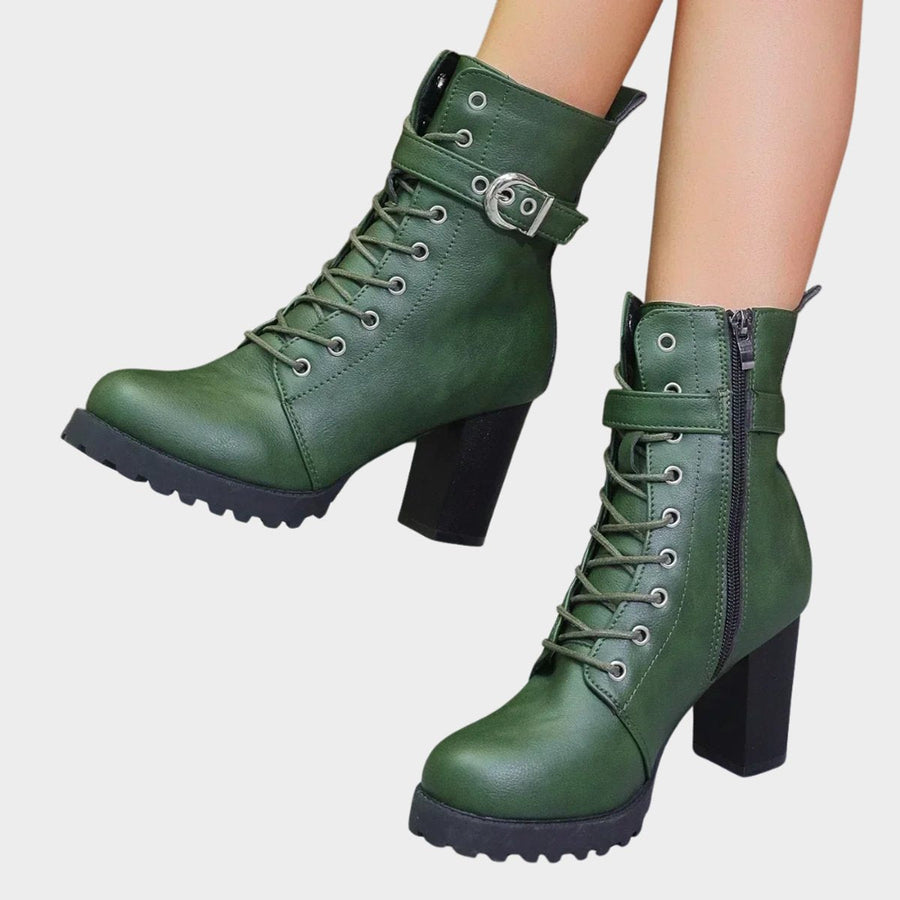 Women’s Ankle Boots with Block Heel, Laces and Buckle Strap