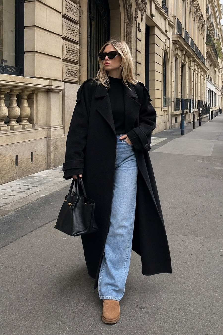 Women's Wool Trench Coat with Notched Lapel – Double-Breasted with Belt