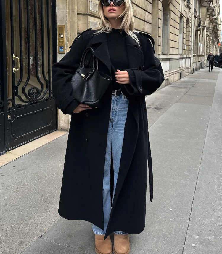 Women's Wool Trench Coat with Notched Lapel – Double-Breasted with Belt