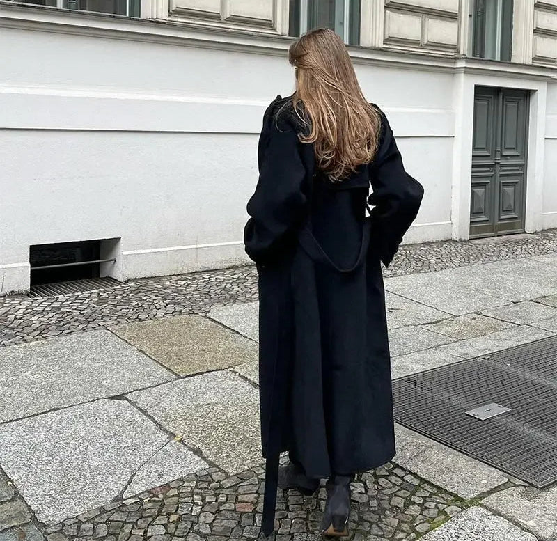 Women's Wool Trench Coat with Notched Lapel – Double-Breasted with Belt